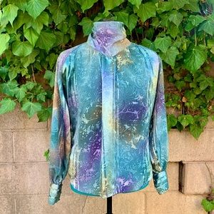 Vintage 80s Secretary Blouse 6P S Satin Jacquard Stripe Floral High Neck